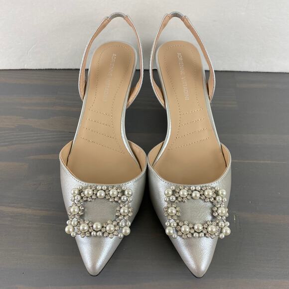 Adrienne Vittadini Suze Kitten Heels Slingback Size 7.5M Silver Pointed Toe NEW - Picture 2 of 10